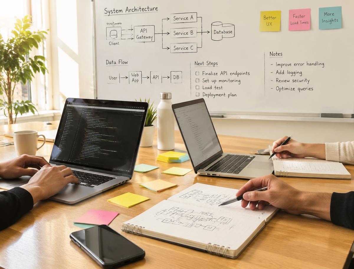 Team planning a software architecture on a whiteboard next to laptops