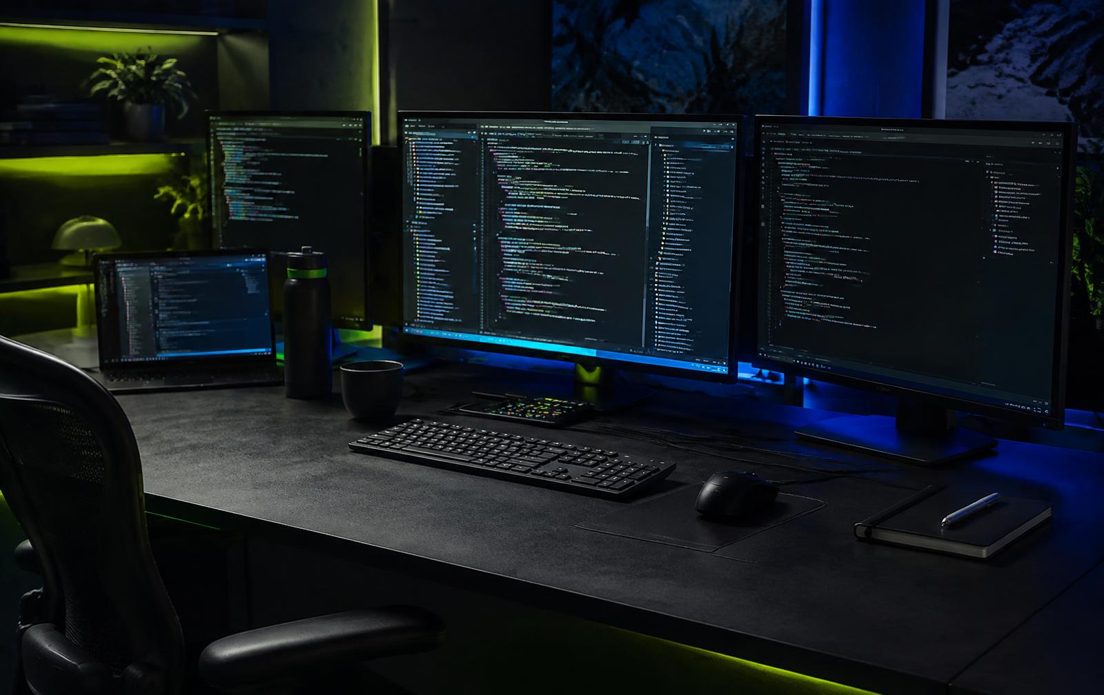 Developer workstation showing code across multiple screens